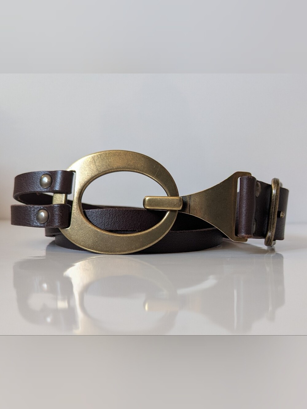 Izette Genuine Leather Double Wrap Belt Oval Buckle Brown Size XL